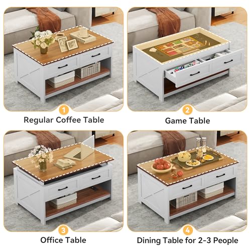 DWVO Farmhouse Living Room Coffee Table: 3-in-1 Game & Puzzle Table with Play Mat, 4 Drawers, Power Outlet, Removable Top Walnut
