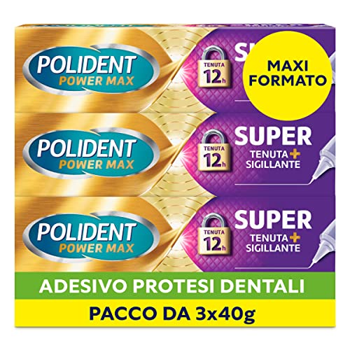 Polident Super sellado + sellador, adhesivo para prótesis dental, 12 horas de duración diaria, sabor neutral, paquete de 3 x 40 g