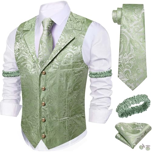 Image of Barry.Wang Mens Silk Lapel /Shawl Collar Vest Tie Sleeve Holder Set Formal /Casual Paisley Vests Wedding Tuxedo Waistcoat