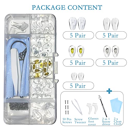 Brillen Reparatur Set, 25 Paar Nasenpads Silikon Schraubbrillen Nasenpads für Brillen, mit Schrauben Pinzette und Brillenputztüche