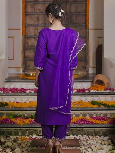 Image of INDO ERA Women's Silk Embroidered Straight Kurta With Pant & Dupatta Set