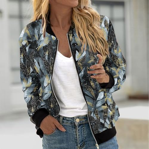 Womens Bomber Jacket Long Sleeve Zip Up Floral Outerwear Lightweight Loose Casual Fall Street Style Coats with Pockets2