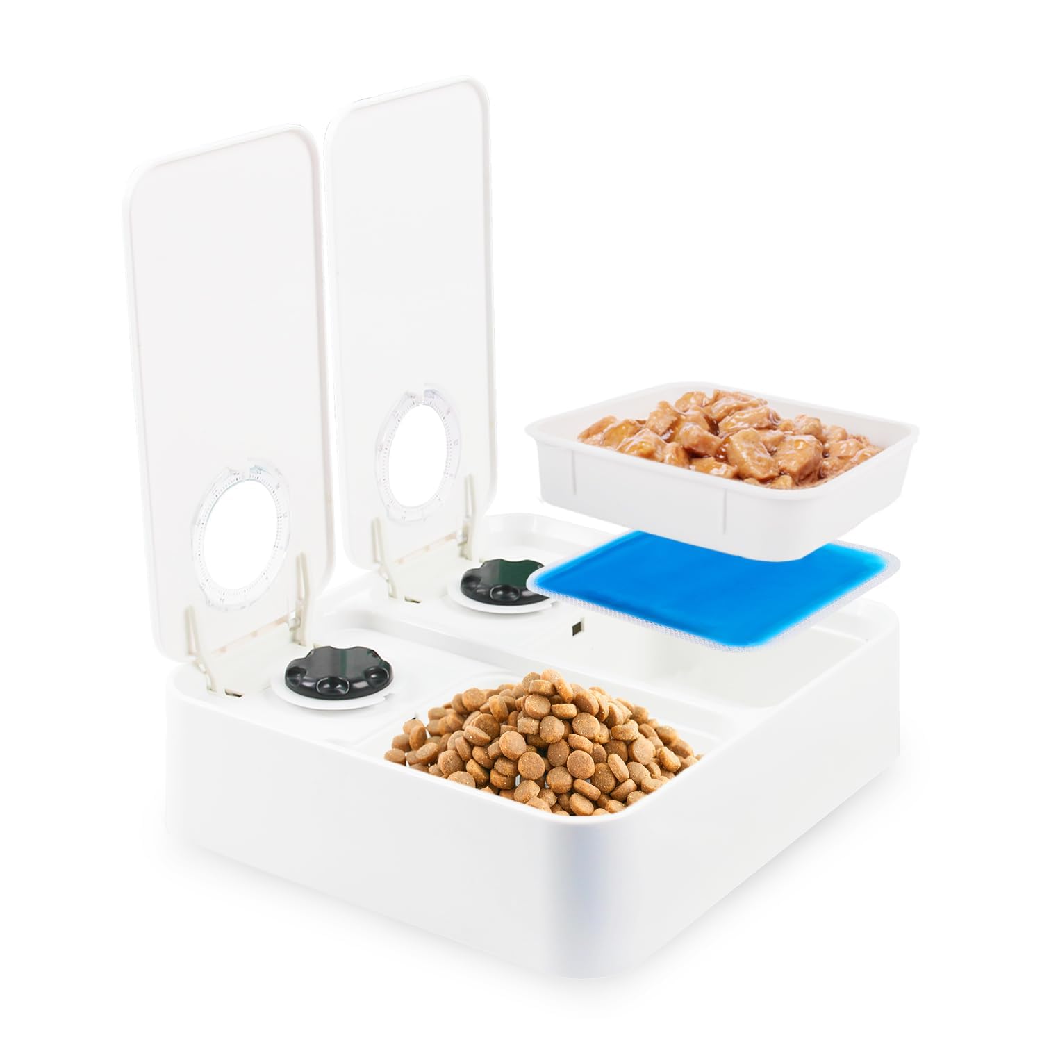 ALL FOR PAWS Comedero automático para gatos y perros de 2 comidas - Dispensador de alimentos secos y húmedos, temporizador de 48 horas, paquete de hielo incluido, apto para lavavajillas, blanco