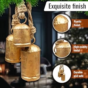 Set of 3 Giant Harmony Rustic Gold Christmas Bells for Decoration - Perfect for Cow Bell, Door Hanging, Staircase, Wall (Large) Set of 3 Giant Harmony Rustic Gold Christmas Bells for Decoration Perfect for Cow Bell Door Hanging Staircase Wall Large