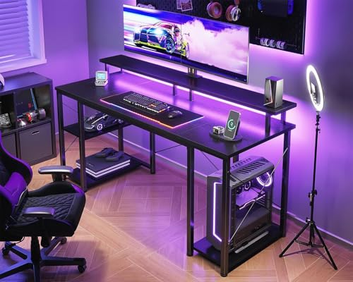 Image of ODK 55 inch Gaming Desk with LED Lights & Power Outlets, Computer Desk with Monitor Stand & Storage Shelves, CPU Stand, Home Office Desk, Black