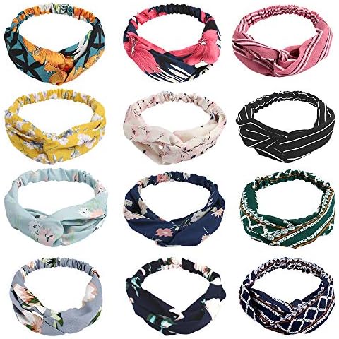 Canitor 12 Pack Turban Headbands for Women Boho Headbands for Women Knotted Turban Headbands Cross Elastic Hair Band Twisted Head Cover