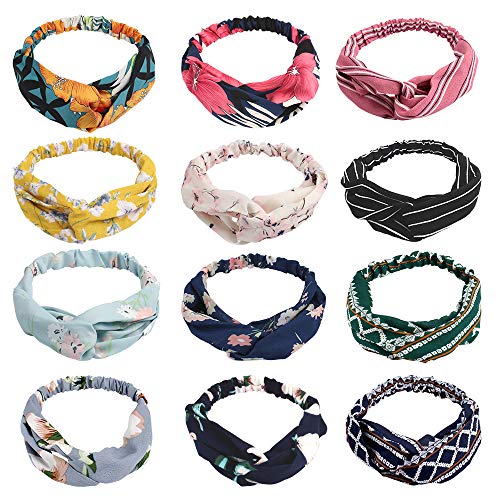 Canitor 12 Pack Turban Headbands for Women Boho Headbands for Women Knotted Turban Headbands Cross Elastic Hair Band Twisted Head