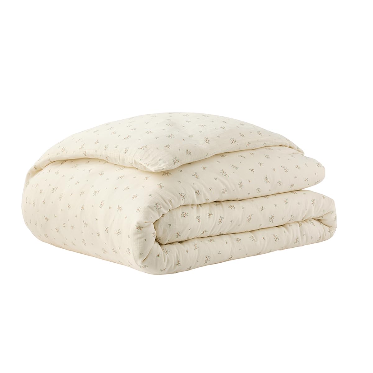 Housse de Couette imprimée en Gaze de Coton, SEMIS Fleuri, 200 x 200 cm, ESSIX, Beige Clair