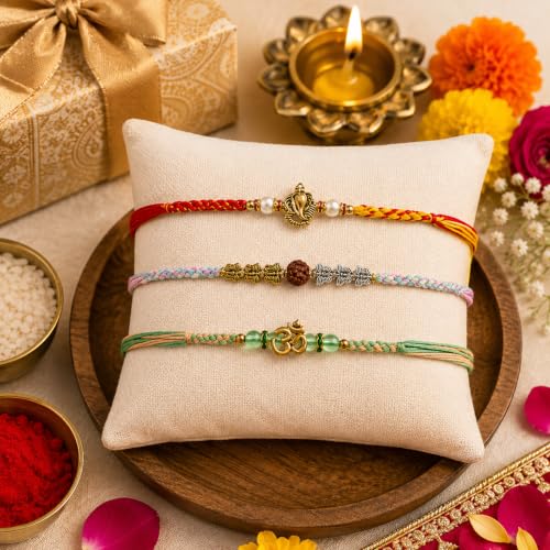 Image of Set of 3 Ganesha & Rudraksha Rakhi for Brother Rakhee for Brothers | Raksha Bandhan Om Rakhi for Brother Rakhi Set with Greeting Card & Roli