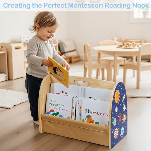 Image of Toddler Bookshelf Double-Sided with 4 Tier Deep Sleeves Kids Wooden Montessori Book Rack for Baby Nursery Room, Playroom, Classroom or Bedroom Bookcase Storage Organizer, Blue Astronaut