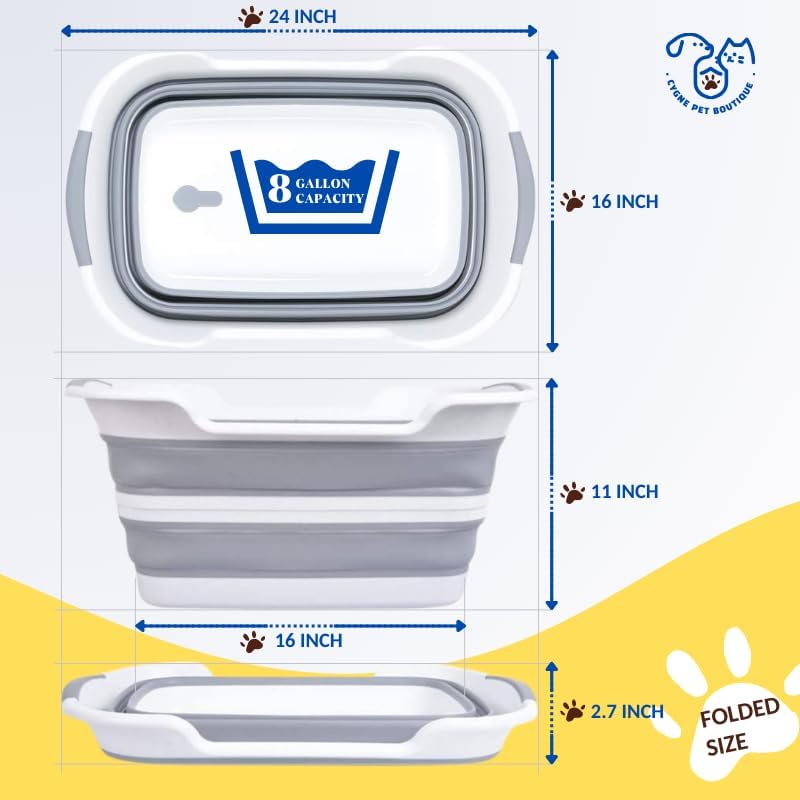 CYGNE Dog Bath Tub with Water Drain Plug, Collapsible Bathtub for Dog Washing and Grooming, Portable Foldable Space Saving Design for Pet Puppy Small Dogs Cats, BPA Free, Gray