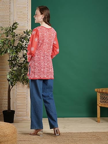 Image of Ada Women's Georgette Regular Fit Chikankari Hand Embroidered Lucknow Short Kurti Top A911224