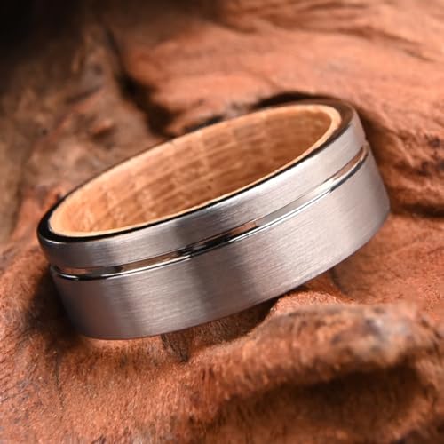 Silver Tungsten Carbide Rings for Men Women 8mm Surface Grooved Matte Brushed Inlay Barrel Wood Men's Engagement Wedding Bands High Polish3