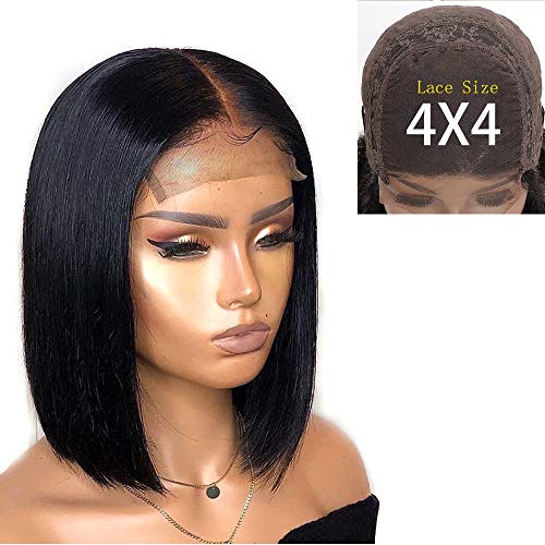 Amesha Hair 4x4 Lace Closure Human Hair Bob Wigs,150% Density Middle Part Brazilian 4x4 Lace Front Wigs Human Hair Real 12Inch