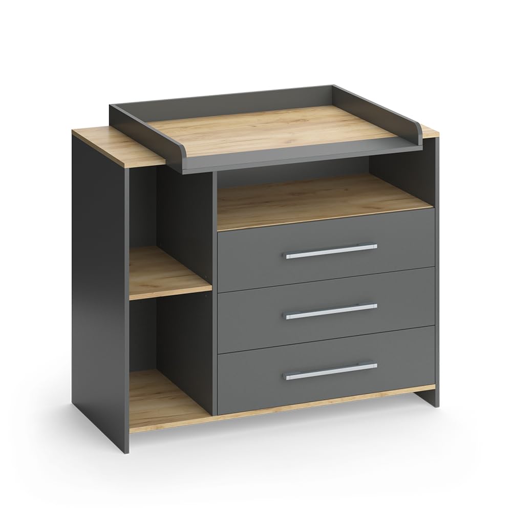 Vicco Cambiador Oskar, Antracita/Roble Dorado, 113 x 93 cm con 3 cajones, Convertible en cómoda Gracias al Cambiador extraíble