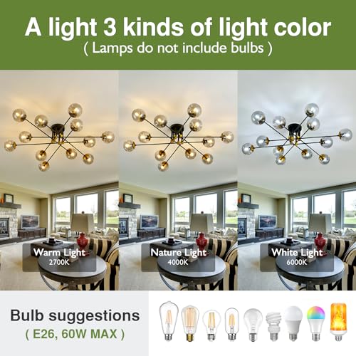 Image of 12 Light Glass Globe Ceiling Light Black Mid Century Flush Mount Sputnik Light Fixture Bubble Chandelier for Living Room Farmhouse Dining Room Kitchen Bedroom.
