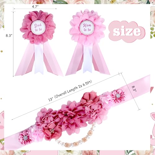 Image of Dusty Pink Baby Shower Sash and Pins Set - Dusty Pink Flower Baby Shower Belly Belt and Mom to Be & Dad to Be Corsage Pins, New Parents Pregnancy Photo Props Party Supplies