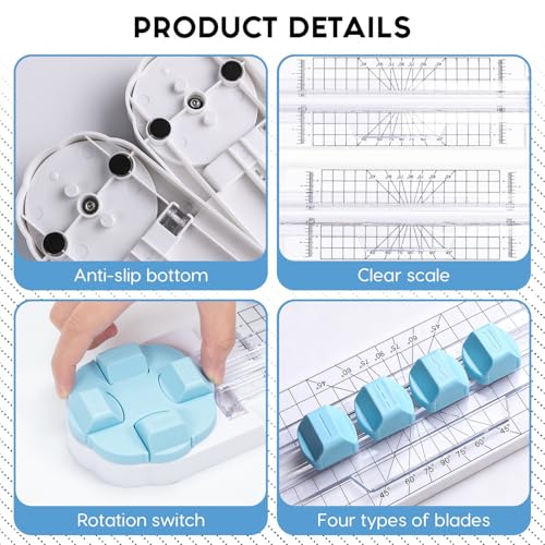 Bafiwu 4-in-1 Papierschneider mit Rillwerkzeug, Lineal und Maßstab für Scrapbooking, Karten und DIY (Bleu)