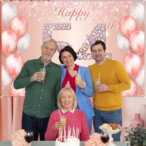 Image of Happy 54th Birthday Rose Gold Banner Cheers to 54 Years Old Backdrop Confetti Balloons Theme Decor for Women 54 Years Old Pink Birthday Party Decorations Bday Supplies Background Favors Gift Glitter
