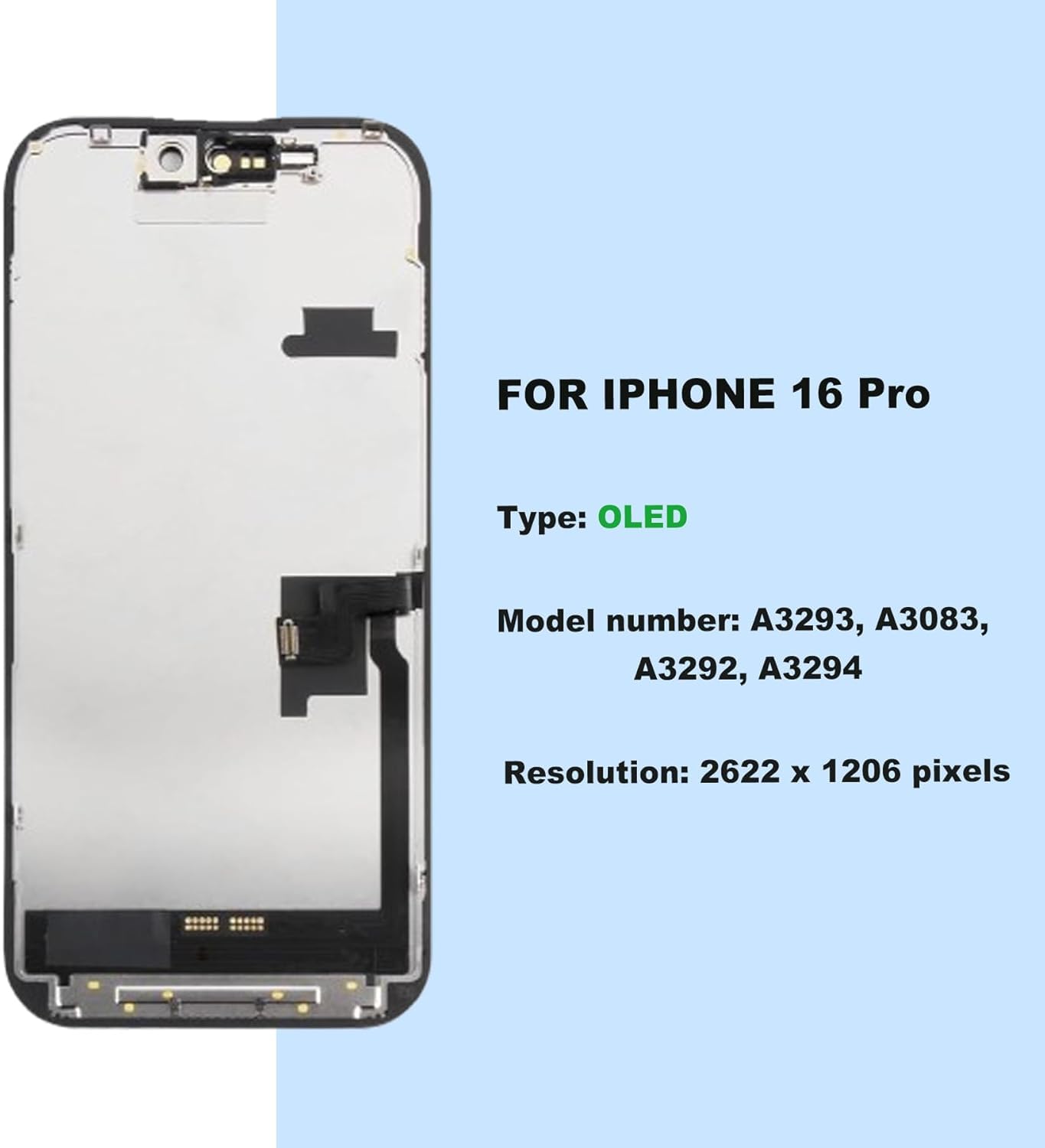 ZOETEC Soft OLED Display für iPhone 16 Pro (Nicht LCD) 6,3'' Full HD Display COF Touchscreen Digitizer Rahmen-Baugruppe mit Reparatur-Werkzeug-Sets, wasserdichter Klebstoff, gehärtetes Glas
