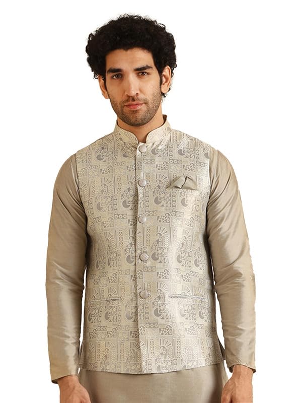 Men's Nehru Jacket, Grey Jacquard, Woven Design Regular Fit Mandarin Collar Sleeveless