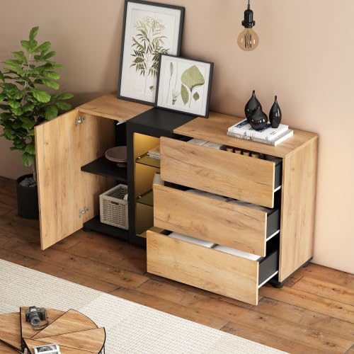 Merax Sideboard mit LED Beleuchtung – Smart App Steuerung, Modernes Design mit Glasregalen, Schubladen & Verstellbaren Einlegeböden, Kommodenschrank für Wohnzimmer und Esszimmer (Schwarz/Braun)