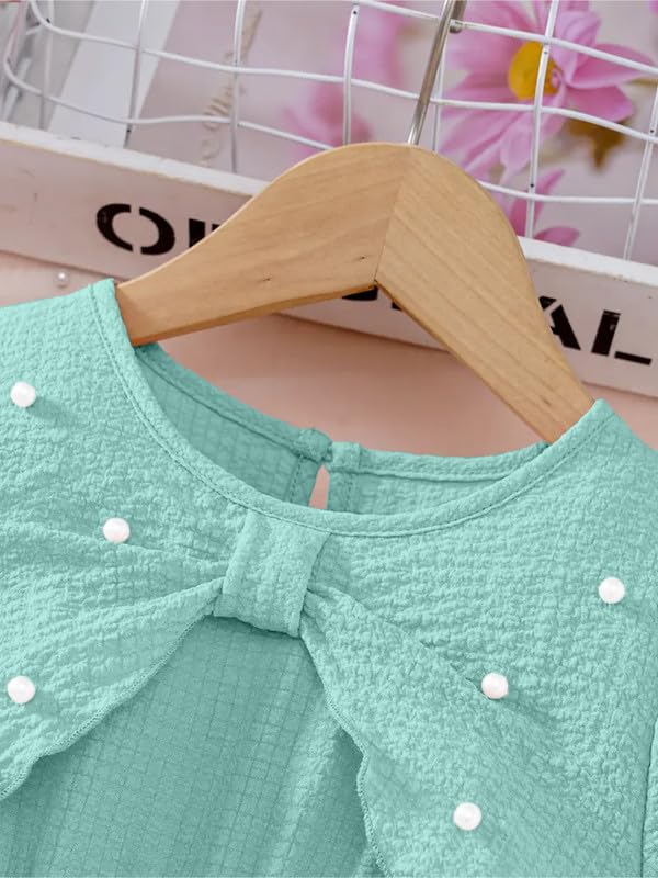 Image of Niren Enterprise Girls Bow Pearl Dress Puff Sleeve Round Neck Solid Cotton Frock