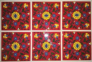 Anchal Art and Craft Blue Pottery Handmade Ceramic Tiles,Furniture,Tabletop,Flooring,Interior,Exterior,Tiles (6 - 6 Inch) Pack of 6 Tiles.