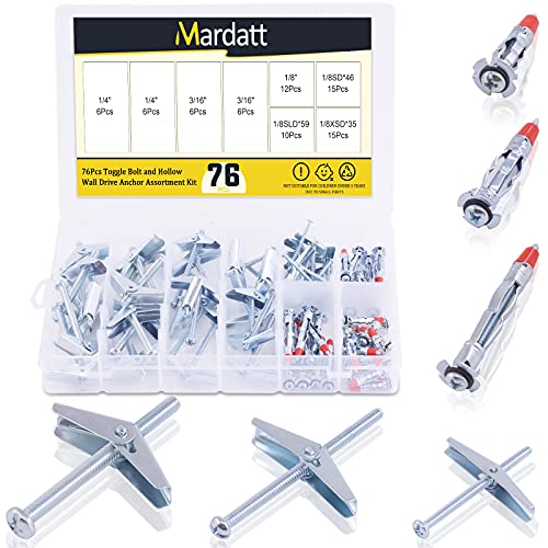 Mardatt 76Pcs 1/8'' 3/16'' 1/4'' Toggle Bolt and Molly Bolt Hollow Wall Anchor Assortment Kit