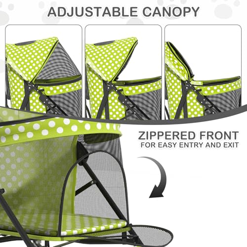 Image of MoNiBloom 4 Wheels Pet Stroller, Easy-Fold Umbrella Shaped Dog Cat Jogger Stroller w /Storage Bag & Visible Mesh for Small /Medium Dogs Cats Lawn Green Polka Dots