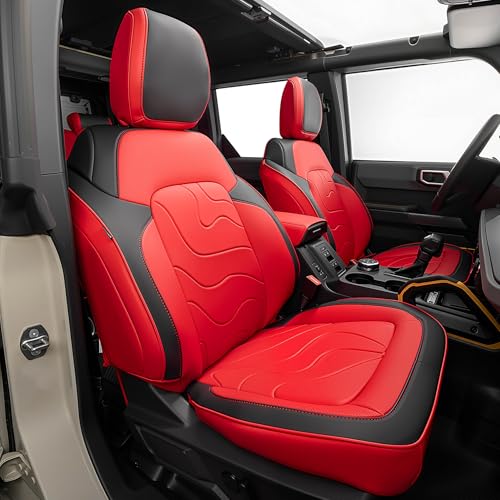 Custom Ford Bronco Car Seat Covers Fit for 2021 2022 2023 2024 2025 2026 Waterproof Faux Leather Full Coverage Automotive Seat Cover Full Set W/ Rear Cup Holder Fit for Ford Bronco 4 Door SUV(Red)