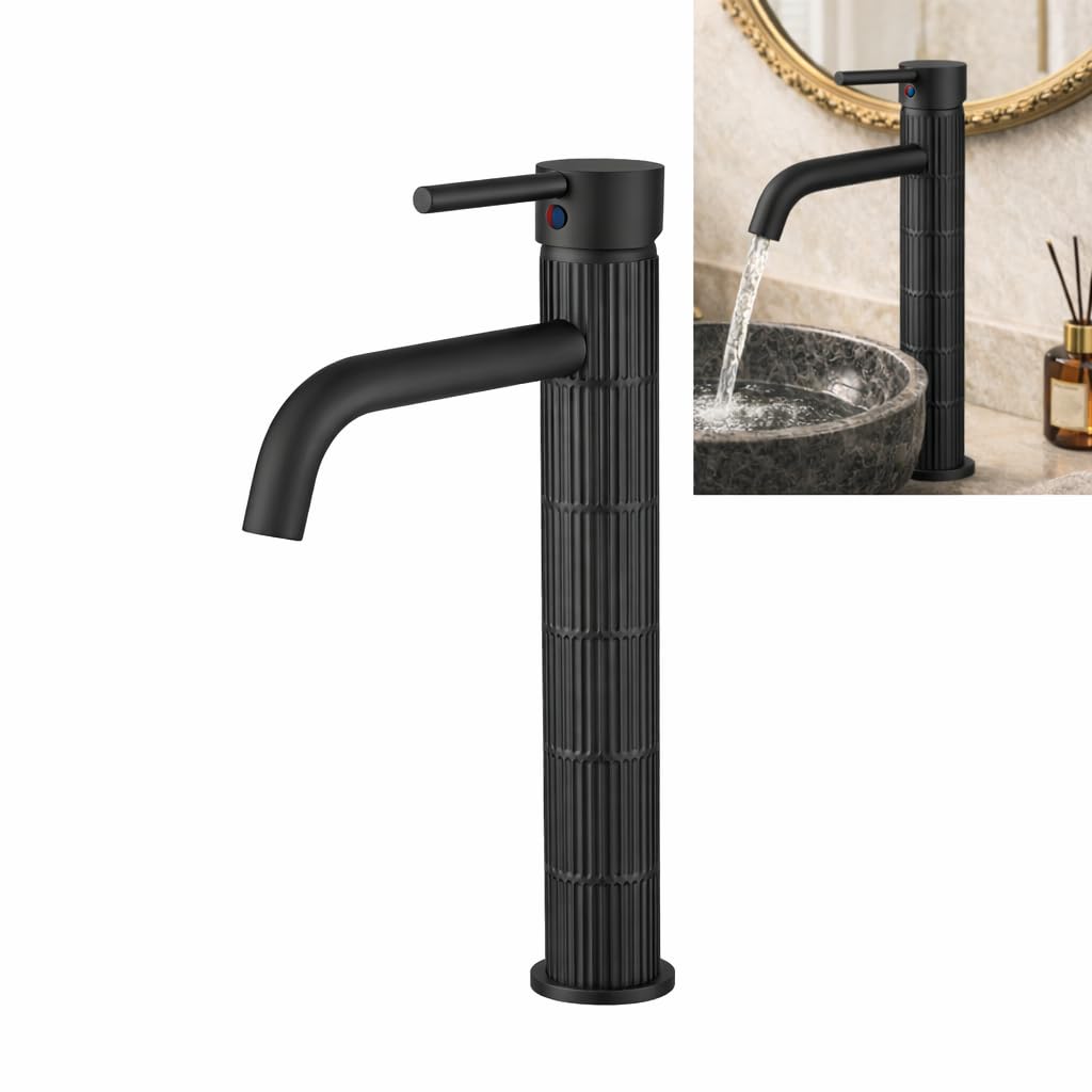 Grifo de lavabo alto monomando con cuerpo de latón, mezclador para lavabo sobre encimera, acabado negro mate, cartucho cerámico duradero (Negro mate, Alto)