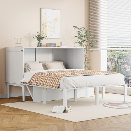 KOMHTOM Lit Escamotable en Bois avec Sommier à Lattes, Lit Plateforme Transformable, lit Pliant Vertical, Conception Peu encombrante(sans Matelas) (Blanc, 140 x 200cm)