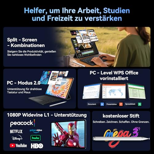 Blackview Mega3 Tablet 12 Zoll 36GB RAM+256GB ROM (2TB TF) Android 15 Octa Core G100, 8800mAh Gaming Tablets PC 90Hz 2,5K FHD Display 50MP+13MP 5G WiFi+4G LTE/Face ID/Stift-Inkl/Widevine L1/GMS/GPS – Bild 6