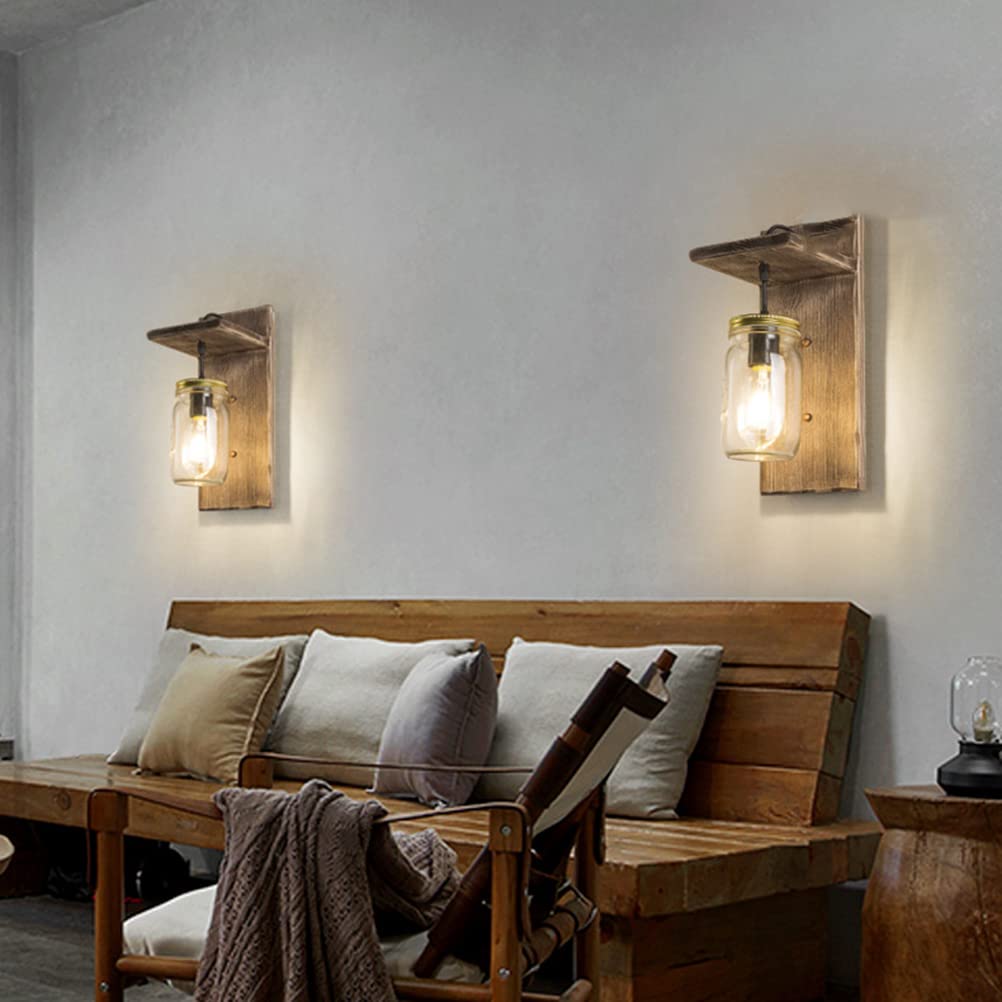 E27 Drewniana lampa ścienna w stylu retro, lampka nocna, kreatywny słoik na dżem, lampa ścienna, oświetlenie wewnętrzne w stylu vintage, szklane butelki, oświetlenie do sypialni, salonu, korytarza i