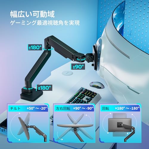 ARES WING モニターアーム 17~49インチ対応 耐荷重20kg シングル ディスプレイアーム VESA規格 ガススプリング 多角度/高さ調節 ケーブル収納 グロメット式 クランプ式 モニタースタンド 卓上 ゲーミング ブラック GDT1004BK