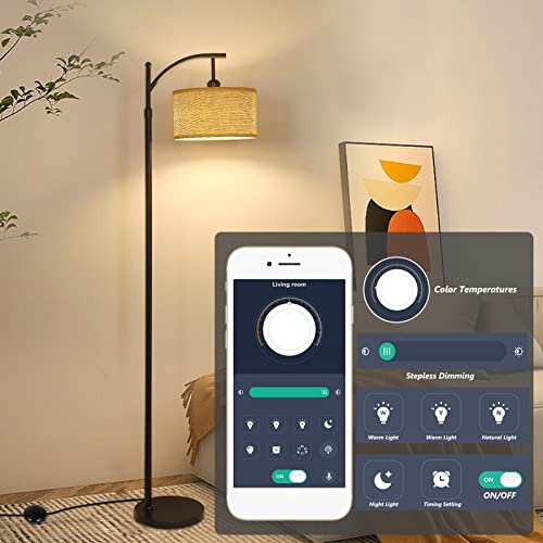 Lamsu Boho Arc Floor Lamp With Remote, Rattan Farmhouse Standing Lamps With Dimmable Led Bulb, Modern Black Tall Lamp With Woven Shade For Living Room Bedroom Office, App Control, Height Adjustable #TOP7