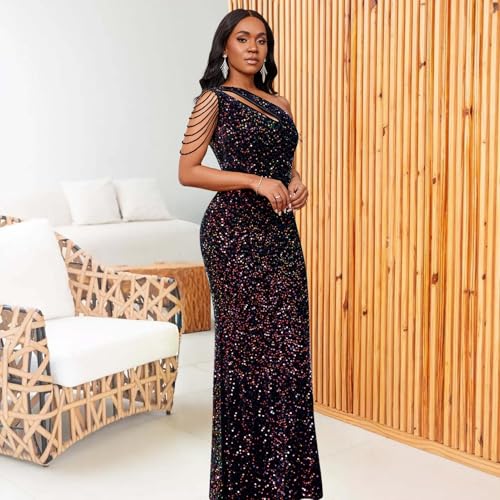 Image of Cololura Women Sequin Elegant Sexy One Shoulder Tassel Mermaid Bodycon Cocktail Evening Dress