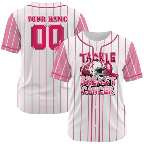 Personalized Breast Cancer Baseball Jersey – Custom Name & Number Pink Ribbon October Survivor Gifts for Women & Men (US, Alpha, Small, 5X-Large, Regular, Regular, Football Breast Cancer)