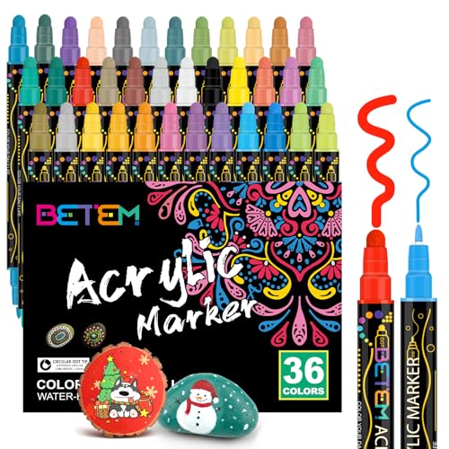 Betem 36 Colores Rotuladores Acrilicos Doble Punta, Marcadores Acrílicos para Pintar Piedras, Tela, Madera, Lienzo, Cerámica, Graffiti, Vidrio, Rotuladores Lettering para Artesanías