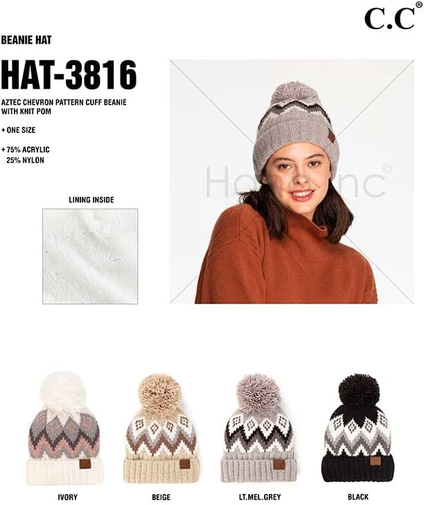 ScarvesMe Women's Winter Soft Knit Aztec Pattern Beanie with Faux Fur Pom