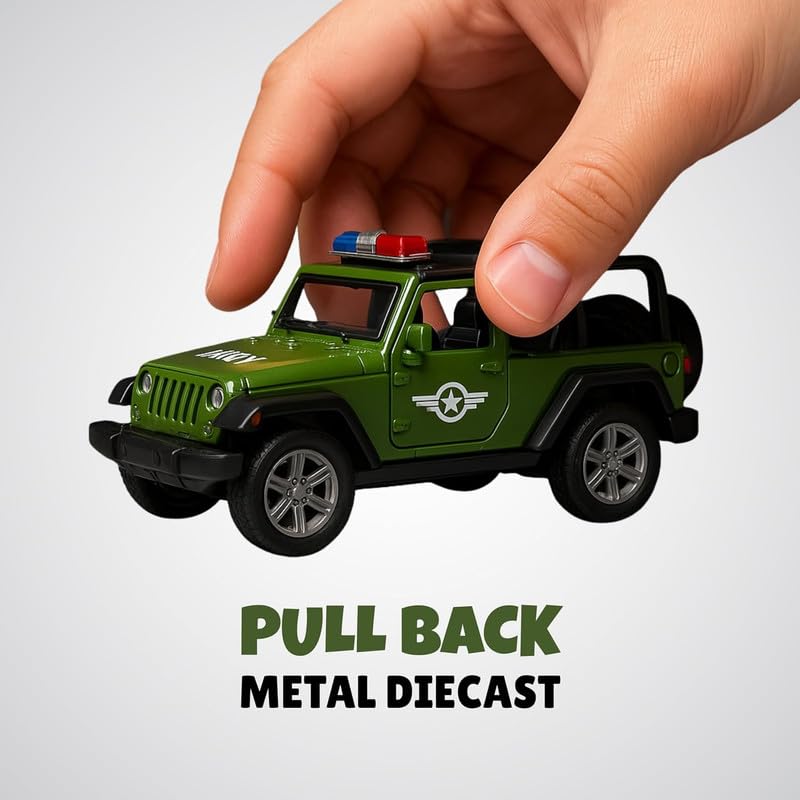 Image of Amisha Gift Gallery Diecast Army Jeep Toy Car for Kids | 1:36 Scale Model, Metal, Pull Back, Sports Car, Boys