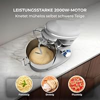 Küchenmaschine - 2000W - Edelstahl Rührschüssel (6,2 L) - Knetmaschine mit Rührhaken, Knethaken, Schlagbesen und Spritzschutz - Inkl. zusätzlichem Zubehör - Silber – Ansicht 7