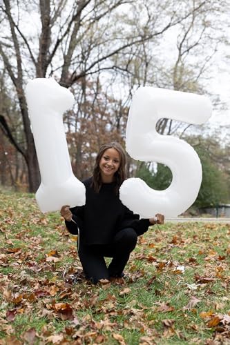 Image of White Number 15 Balloon 40 inch, 15 Number Balloons, 15th White Birthday Decorations 15 Year Old Party Supplies