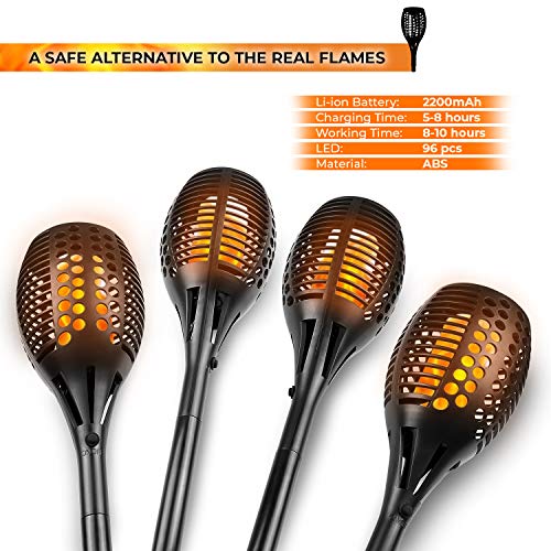 Solar Flickering Flame Torch Lights – Pack of 4 – Outdoor Landscape Garden Decoration Lighting - Optional Height - Dusk to Dawn Auto On/Off, Waterproof - Patio Driveway Dancing Torches Spotlights - Thumbnail 6