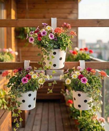 Image of Premium Hook Planter with Inner Pot | Polka Dot Hanging Planter for Balcony & Railings | Sturdy Plastic | Built-in Drainage | Vibrant Colours | Indoor & Outdoor Gardening (3 Pot, White)