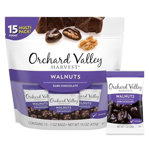 Orchard Valley Harvest Dark Chocolate Walnuts, 1oz Bags (Pack of 15) – Snacks for Adults & Kids, Gluten-Free California Walnuts Dipped in 64% Cacao Dark Chocolate, 3g Fiber, Chocolate Walnuts Treats
