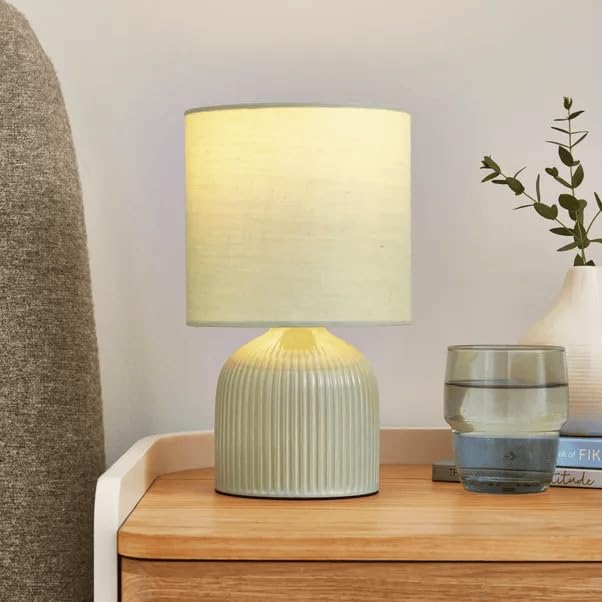 New Ribbed Ceramic Table Lamp – Modern Fabric Shade – E14 SES Fitting – Inline Switch – 4W Max – Compact Bedside or Desk Light M-01 (Sage (Green))