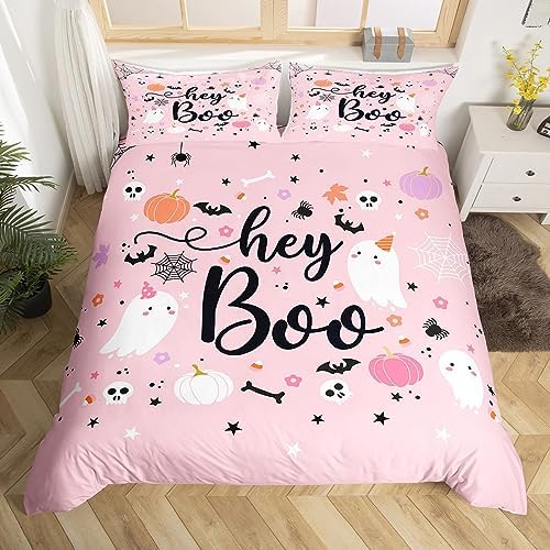 Manfei Pink Ghosts Duvet Cover Set Twin Size, Halloween Theme Bedding Set 2pcs for Kids Girl Room Decor, Gothic Skull Spider Bat Pumpkin Comforter Cover Soft Polyester Quilt Cover with 1 Pillowcase