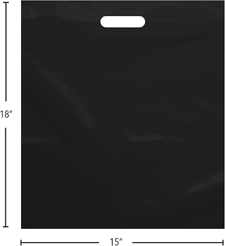 Miniatura 3 de Purple Q Crafts Bolsa de plástico con asa troquelada de 15 x 18 pulgadas, bolsas de plástico negro para mercancía, paquete de 50 para venta al por